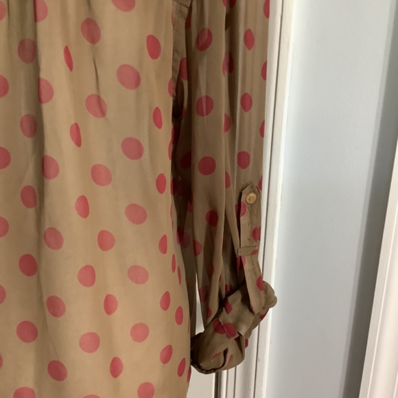 FREE PEOPLE BLOUSE SZ SMALL POLKA DOT RED BROWN CHIFFON BUTTONS FRONT - Picture 7 of 12